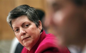 Homeland Security Secretary Janet Napolitano, left, looks at National Counterterrorism Center Director Michael Leiter, as they testify on Capitol Hill in Washington, Wednesday, Sept. 22, 2010, before the Senate Homeland Security and Government Affairs Committee hearing to examine nine years after 9/11, focusing on confronting the terrorist threat to the homeland.  (AP Photo/Manuel Balce Ceneta)