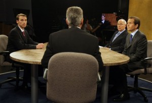 Arizona U.S. Rep. District 3 candidates, Republican  Ben Quayle , Libertarian Michael Shoen, and Jon Hulburd, listen to Host Ted Simons, cq, center, cq, go over ground rules prior to their debate at KAET in Phoenix. (AP Photo/The Arizona Republic, Deirdre Hamill)