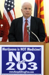 In this Oct. 27, 2010 file photo, Sen. John McCain, R-Ariz., talks about his opposition to Proposition 203, which if passed would bring medical marijuana to Arizona, in Phoenix. In a campaign season brimming with partisan rancor, leading Democrats and Republicans in a few states have found common cause in opposing ballot measures they say would wreak havoc by legalizing marijuana and slashing tax revenue. (AP Photo/Ross D. Franklin, File)