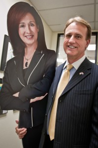 Gary Pierce and his cardboard cutout of Brenda Burns (Photo by Evan Wyloge/Arizona Capitol Times)