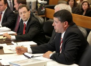 Gary Winuk, an attorney for the Fair Political Practices Commission, right presents his case regarding an $11 million political contribution from an Arizona nonprofit, during a hearing in Sacramento Superior Court, Wednesday, Oct. 31, 2012. The FPPC filed a lawsuit claiming that Americans for Responsible Leadership is violating California campaign finance law by concealing the source of the money it has funneled into two ballot initiative campaigns. Judge Shelleyanne Chang has indicated that she will require the group to comply with the FPPC's request. Third from right is attorney Jason Torchinsky, representing ARL. (AP Photo/Rich Pedroncelli)