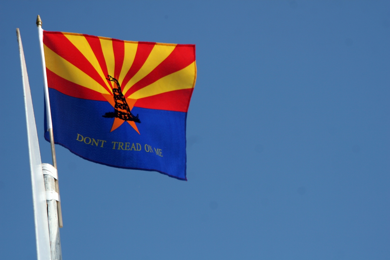 Arizona’s independent streak is reflected in this flag, flown by demonstrators outside the Supreme Court when it was considering the state’s SB 1070 immigration enforcement law in April. (Cronkite News Service photo by Stephanie Snyder)