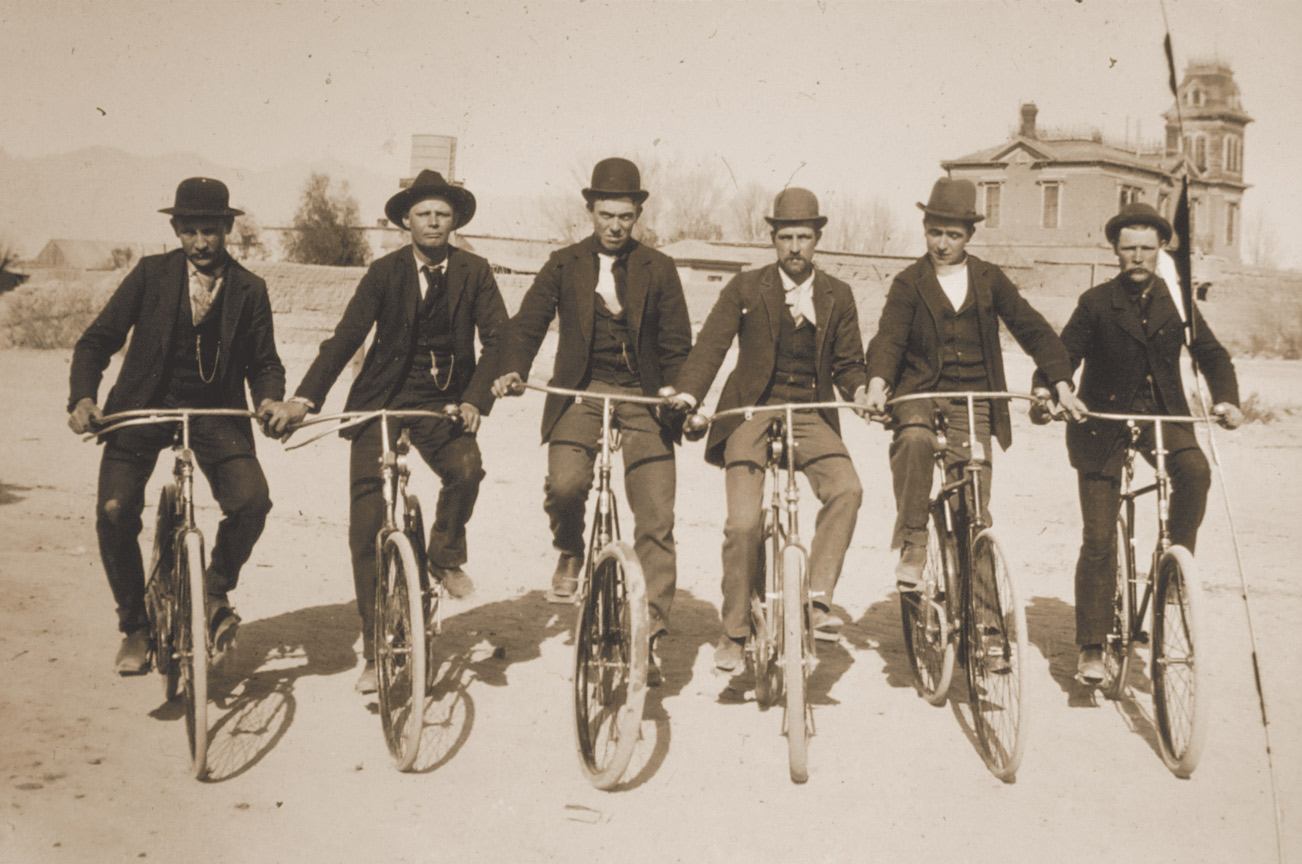 Members of a Tucson cycling club pose on their velocipedes for a photo in 1893.