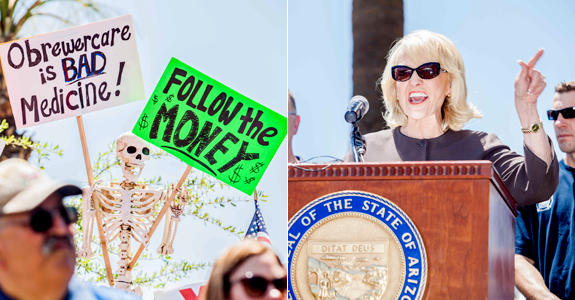 Arizona Gov. Jan Brewer advocates for extending Medicaid coverage to tens of thousands of low-income residents on the Capitol lawn Wednesday (right), while critics decry her plan (left). (Photos by Ryan Cook/RJ Cook Photography)