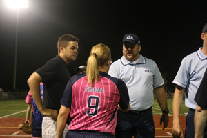 Rep. Kyrsten Sinema, D-Phoenix, thanks the umpire after this week’s charity softball game, which supporters said has been a good tool for fostering bipartisanship in Congress. (Cronkite News Service photoy by Nela Lichtscheidl)