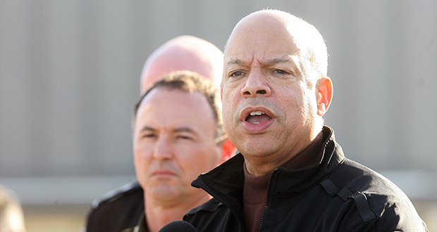 United States Secretary of Homeland Security, Jeh Johnson, speaks to the media during a news conference at the U. S. port of entry at the the Anzalduas bridge Tuesday, Jan. 21, 2014 in Mission, Texas. Johnson said that the surge of immigrants from countries other than Mexico crossing the border illegally presents challenges to the department. (AP Photo/The Monitor, Joel Martinez)