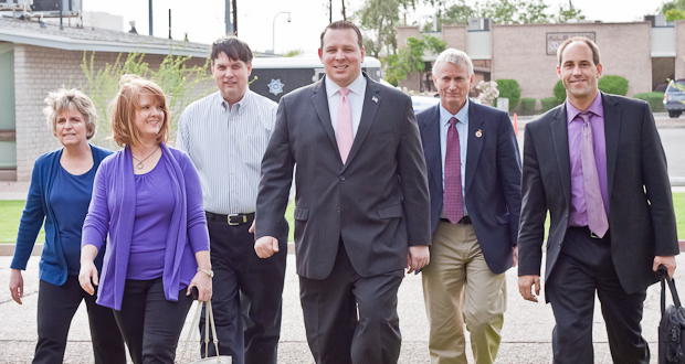 From left Rep. Kate Brophy-McGee, Rep. Heather Carter, Rep. Bob Robson, Rep. Jeff Dial, Rep. Doug Coleman and Rep. Ethan Orr. (Photo by Evan Wyloge/Arizona Capitol Times)