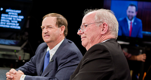 Business owner and rancher Gary Kiehne (left), House Speaker Andy Tobin (center) and Rep. Adam Kwasman (top right), candidates for the Arizona's 1st Congressional District, debate Monday night. (Photo by Evan Wyloge/Arizona Capitol Times)