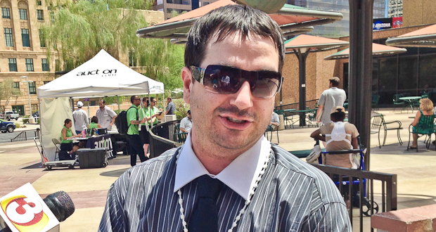 Cesar Chavez (formerly Scott Fistler) in front of the Maricopa County Superior Court, minutes after a judge ruled that he should be barred from appearing on the ballot because of insufficient signatures. (Photo by Ben Giles/Arizona Capitol Times)