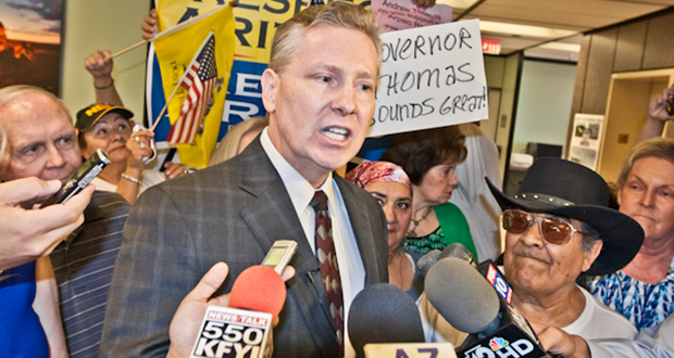 Disbarred former Maricopa County Attorney Andrew Thomas addresses questions about voters' tolerance for a politicians so wrapped in controversy. (Photo by Evan Wyloge/Arizona Capitol Times)