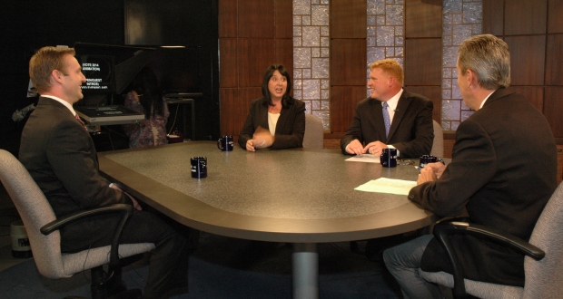 Justin Pierce, Michele Reagan and Wil Cardon debate Tuesday night as each seeks to become the Republican nominee for secretary of state. Hosting is Ted Simons, right, of KAET-TV.