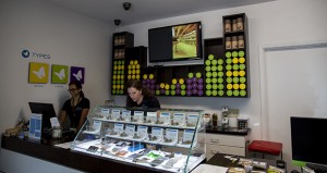 Blythe Huestis, dispensary manager for Natural Selections in Cave Creek, Ariz., looks through products on the counter. The dispensary carries a variety of marijuana products, from bud to edibles. (Sean Logan/News21)