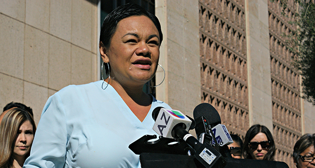 Francisca Porchas, right, organizing director for Puente, speaks out against a series of bills targeting immigrants on Thursday, Feb. 11, 2016, in Phoenix, Ariz. Porchas is part of a human rights and immigrant justice organization. (AP Photo/Ryan Van Velzer)