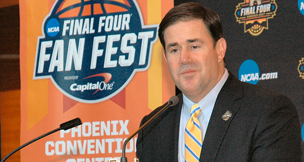 Gov. Doug Ducey discusses the importance of the NCAA having its Final Four tournament in Arizona. (Capitol Media Services photo by Howard Fischer)