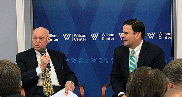 Former U.S. Ambassador to Mexico James Jones, left, and Arizona Gov. Doug Ducey talk about the importance of U.S.-Mexico trade at a Woodrow Wilson Center event in Washington. (Photo by J.T. Lain/Cronkite News)