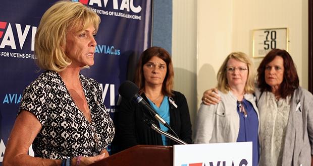 Mary Ann Mendoza, co-founder of Advocates for Victims of Illegal Alien Crime, speaks June 27 at its launch. (Photo by Megan Janetsky/Cronkite News)