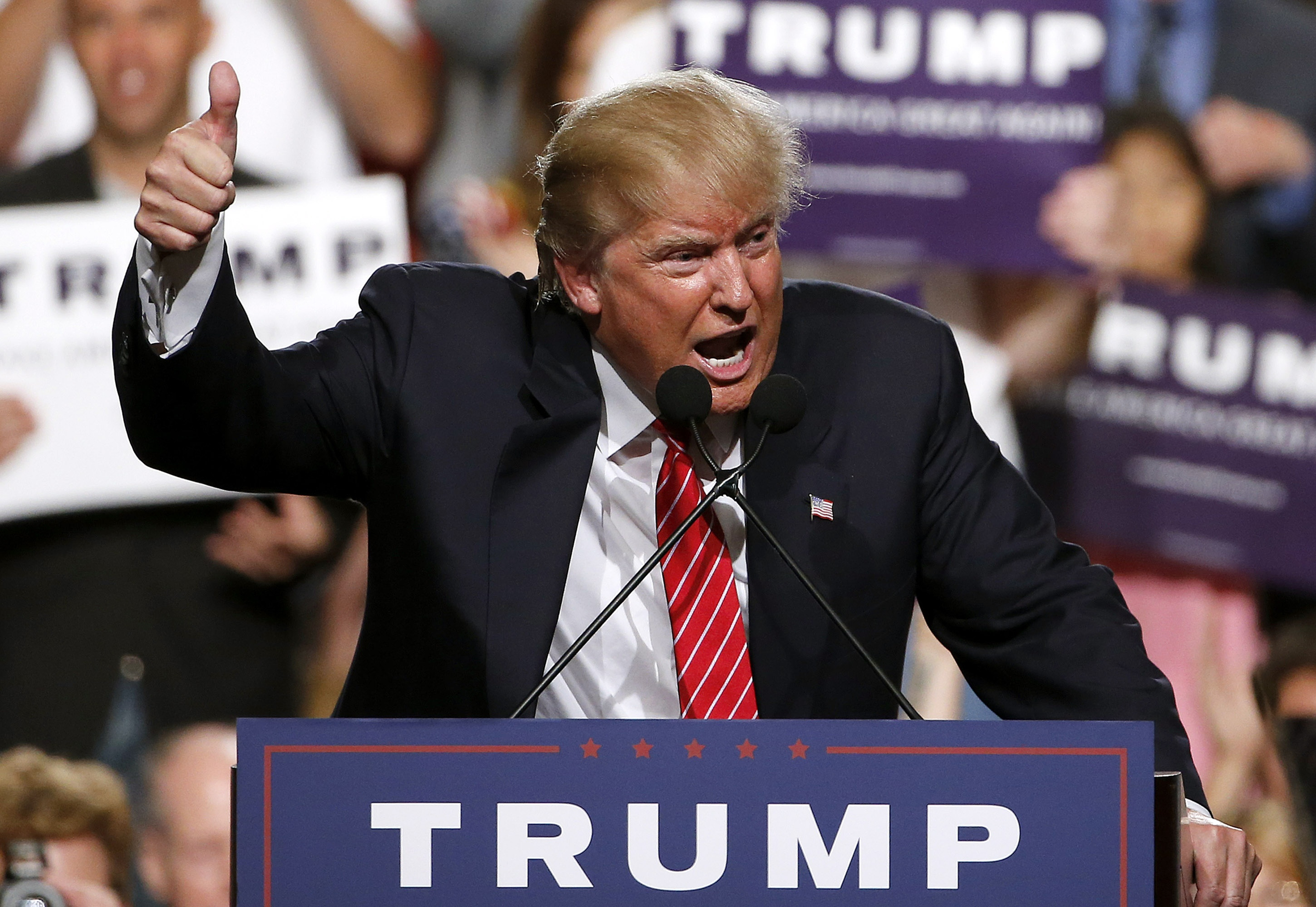 In this July 11, 2015 file photo, then-Republican presidential candidate Donald Trump finishes up speaking before a crowd of 3,500 in Phoenix. Trump was just a few weeks into his candidacy in 2015 when came to Phoenix for a speech that ended up being a bigger moment in his campaign than most people realized at the time. (AP Photo/Ross D. Franklin)