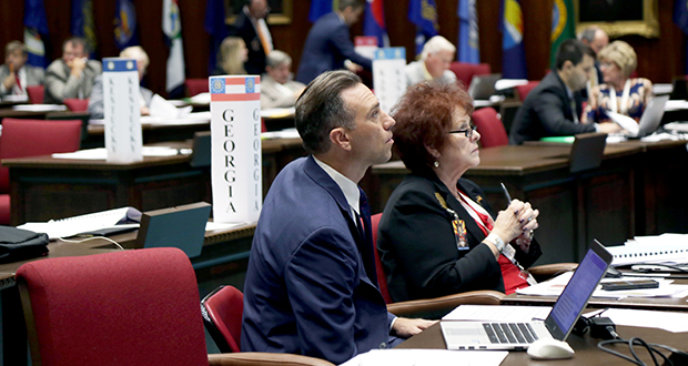 Republican State Senators Steve Smith of Maricopa, left, and Sylvia Allen of Snowflake watch as delegates from 19 states deliberate rules and procedures for a hypothetical convention of the states. (Photo by Ellen O'Brien/Arizona Capitol Times)