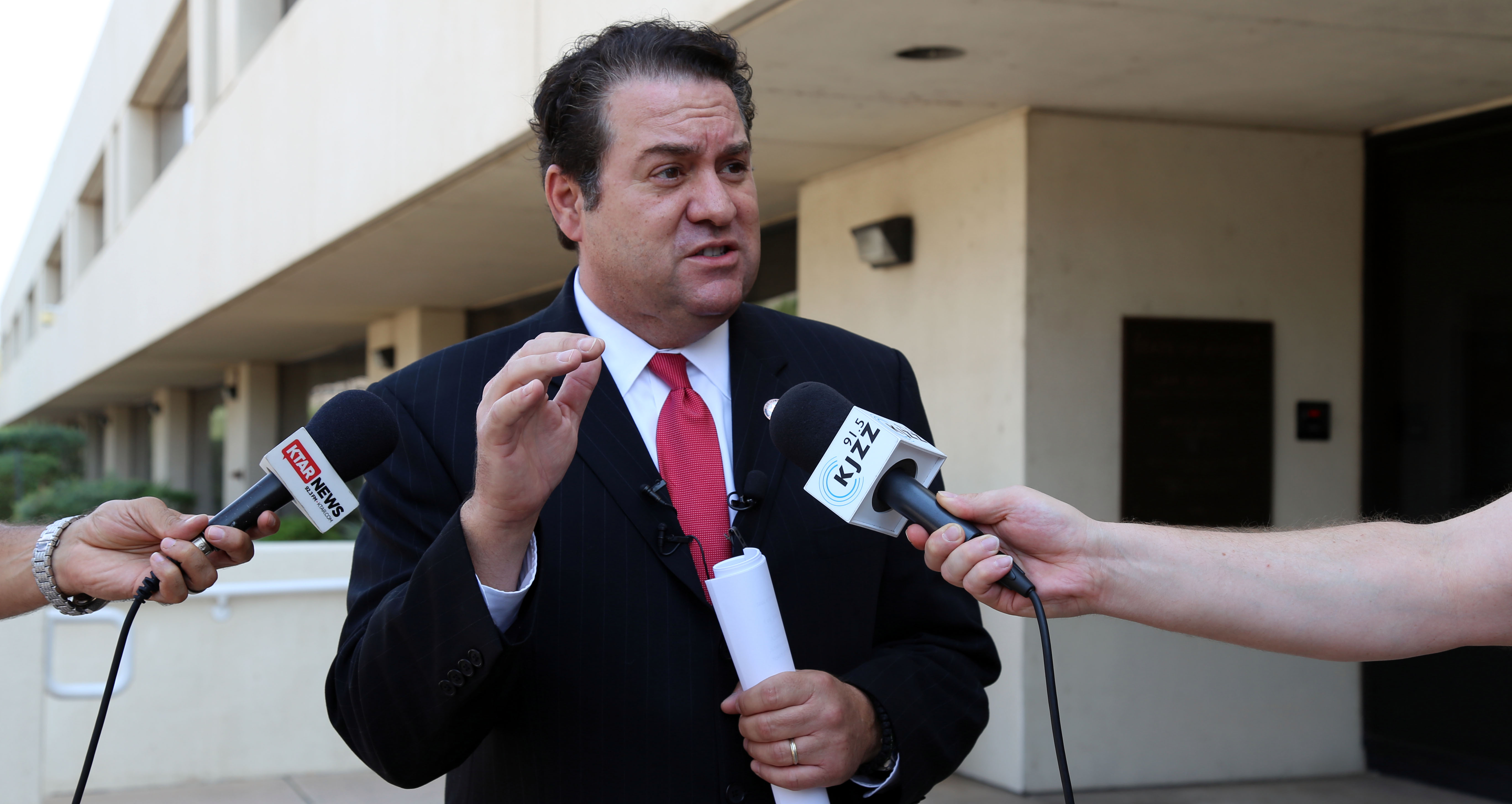 Arizona Attorney General Mark Brnovich announces a lawsuit against the Arizona Board of Regents on Sept. 8. The suit alleges ABOR is not adhering to a constitutional requirement that tuition for residents attending state universities be “nearly as free as possible.” (Photo by Katie Campbell/Arizona Capitol Times)