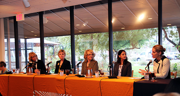 Nadine Mathis Basha, board chair of First Things First, Sen. Kate Brophy McGee, former Gov. Jan Brewer, Lorna Romero, vice president of communications and advocacy for Molera Alvarez, and Jessica Pacheco, vice president of state and local affairs for Arizona Public Service Co., speak during a Women in Public Policy forum at Alexi's Grill on Nov. 7. (Photo by Paulina Pineda/Arizona Capitol Times)