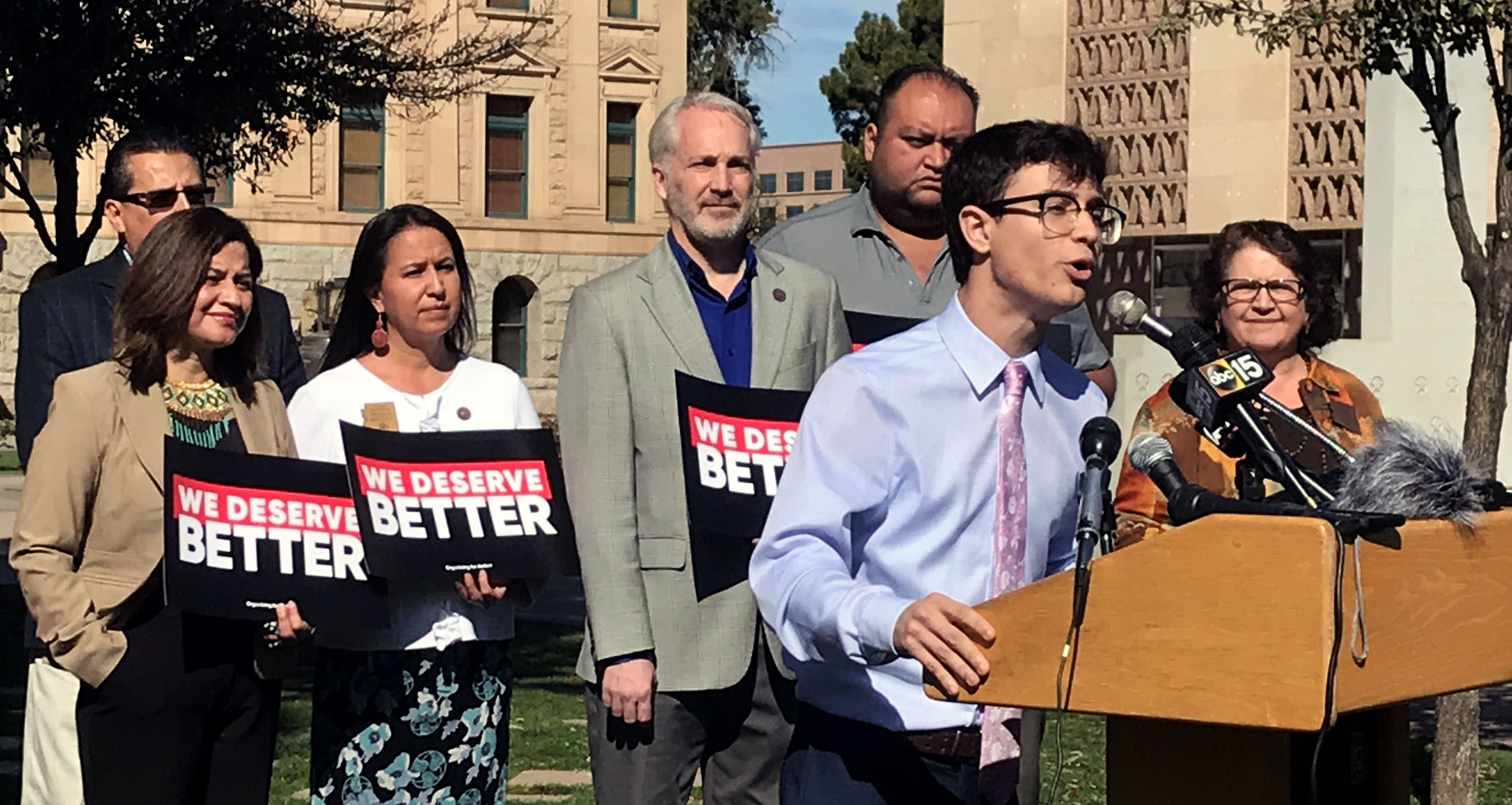 Backed by other advocates for tighter gun regulations, Mountain View High School junior Jordan Harb details Monday how students plan to walk out Wednesday and come to the Capitol to advocate for new gun laws designed to protect themselves and their teachers. (Photo by Rachel Leingang/Arizona Capitol Times)