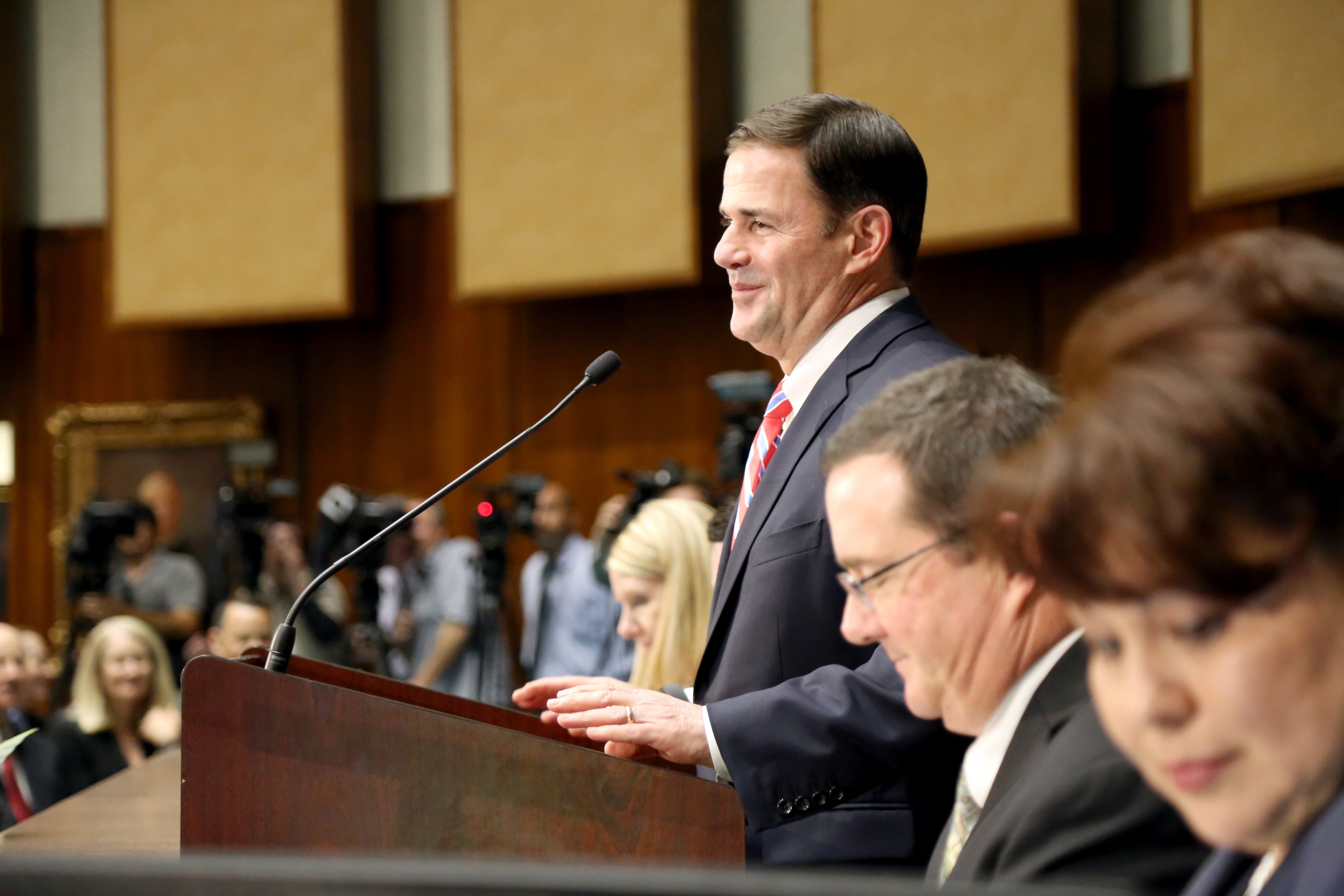 Gov. Doug Ducey delivers his "State of the State" address on Jan. 14, 2019, at the state House of Representatives. His priorities for the 2019 legislative session included the adoption of the Drought Contingency Plan above all, shoring up the state's rainy day fund and doing away with legislative immunity. PHOTO BY KATIE CAMPBELL/ARIZONA CAPITOL TIMES