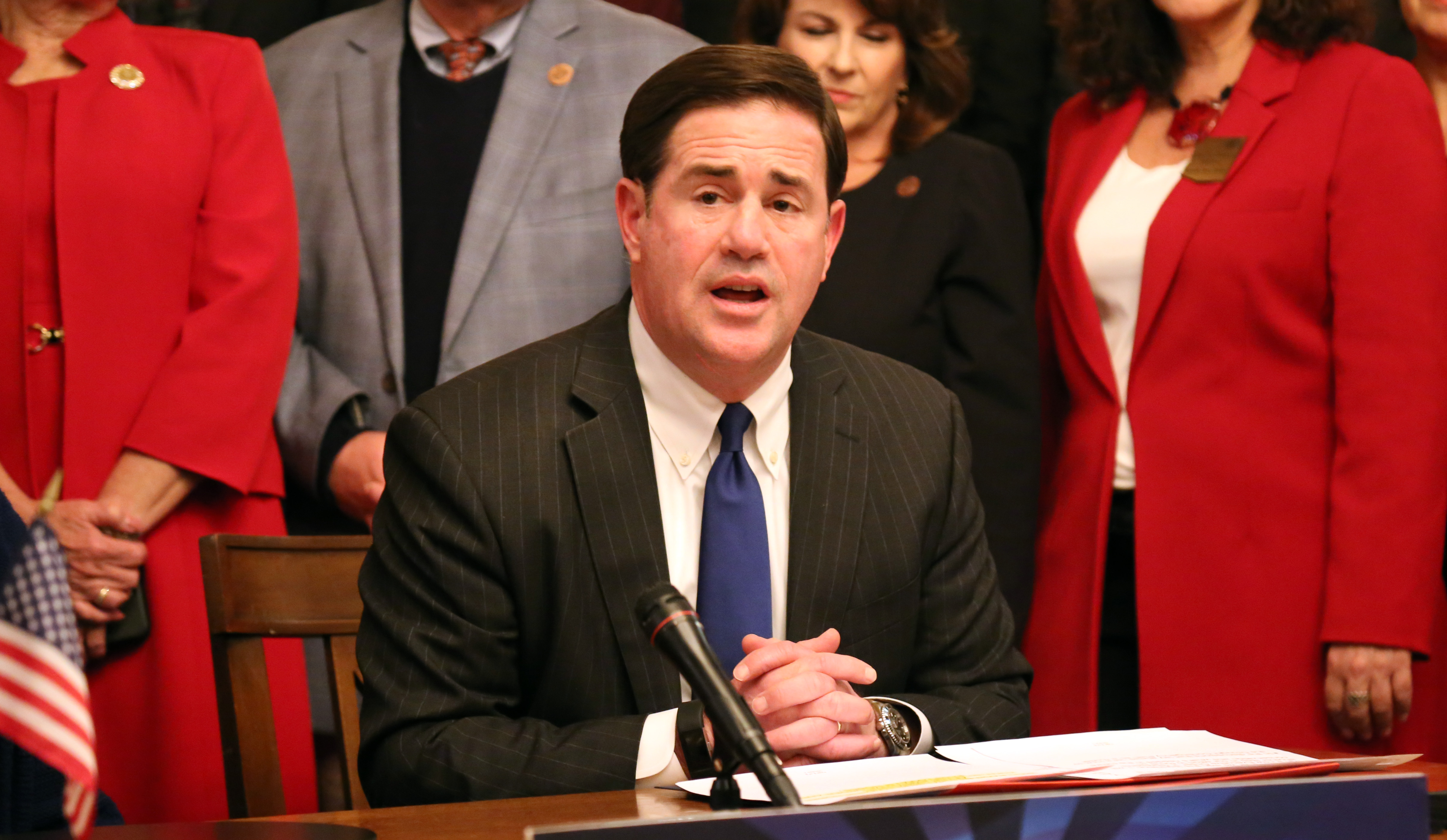 Gov. Doug Ducey addresses a crowded room at the historic Capitol building before signing legislation on the Drought Contingency Plan just hours ahead of a federal deadline on Jan. 31. PHOTO BY KATIE CAMPBELL/ARIZONA CAPITOL TIMES