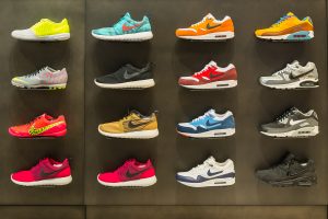 BOLOGNA, ITALY - SEPTEMBER 26 2014: Exposition of nike sport shoes. Nike is one of the world's largest suppliers of athletic shoes and apparel. The company was founded on January 25, 1964.