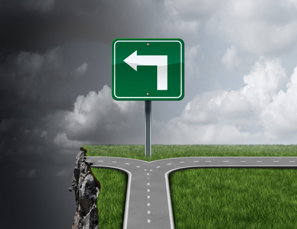 Bad business advice concept as a path with a 3D illustration fork in the road falsely guiding off a cliff as a metaphor for incompetent or fraudulent financial consultation or mismanagement direction.