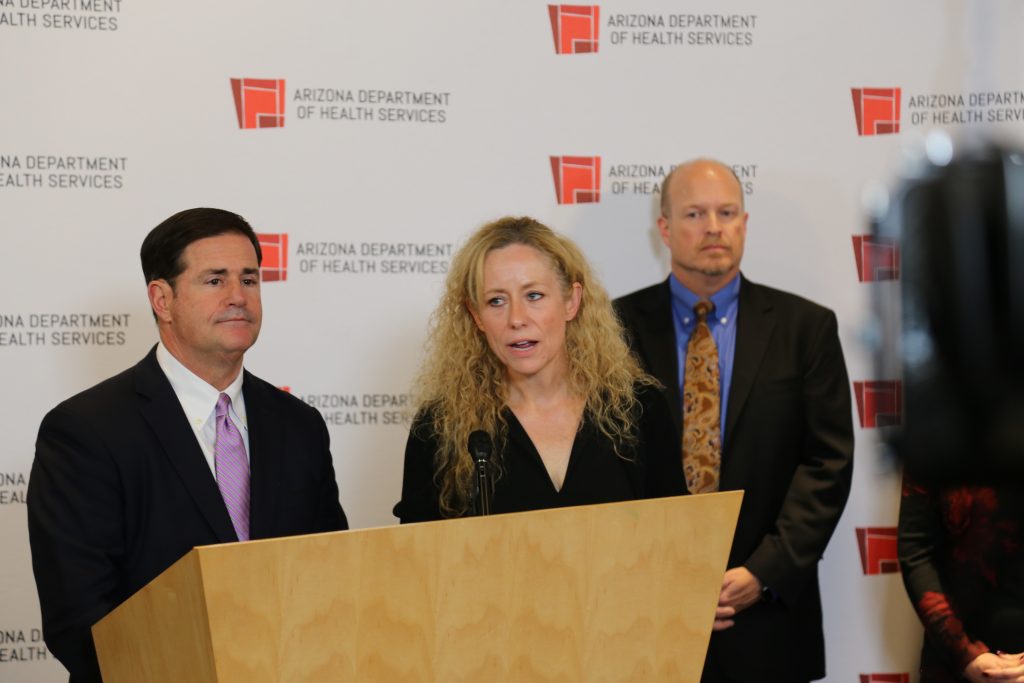  Gov. Doug Ducey and Cara Christ, director of the Arizona Department of Health Services, answer questions at a press conference today in which Ducey announced a state of emergency to combat the spread of COVID-19 in Arizona. PHOTO BY PIPER HANSEN/ARIZONA CAPITOL TIMES