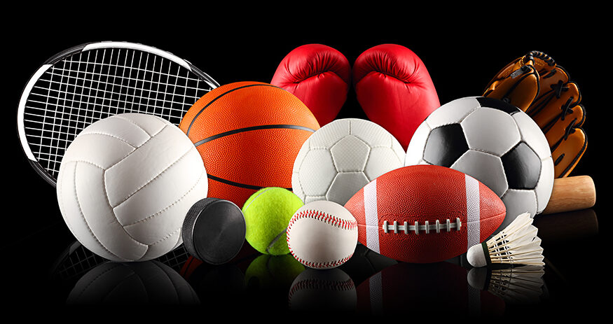 a set of different sport equipment and balls