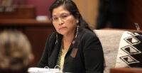 In this March 13, 2023, photo, Sen. Theresa Hatathlie, D-Tuba City, listens to a speaker on the floor of the Arizona Senate. (Photo by Gage Skidmore)