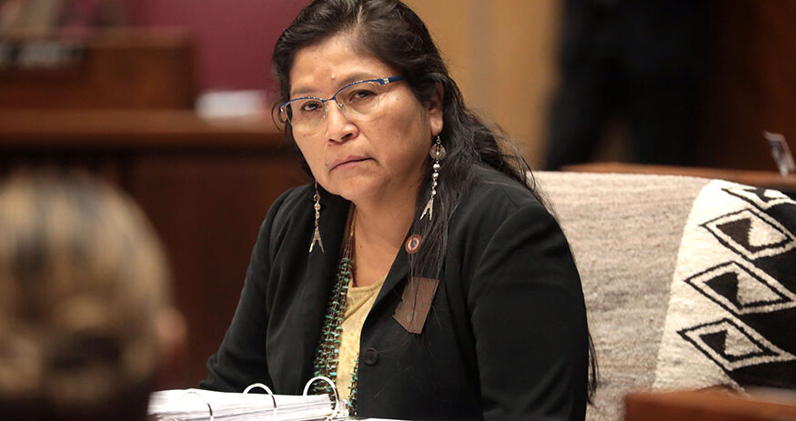 In this March 13, 2023, photo, Sen. Theresa Hatathlie, D-Tuba City, listens to a speaker on the floor of the Arizona Senate. (Photo by Gage Skidmore)