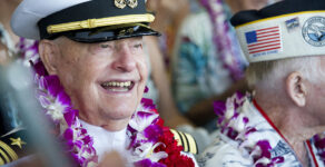 Lou Conter, an Arizona crewman, attends ceremonies for the 75th anniversary of the Japanese attack on Pearl Harbor, Dec. 7, 2016, in Honolulu. Conter, the last living survivor of the USS Arizona battleship that exploded and sank during the Japanese bombing of Pearl Harbor, died on Monday, April 1, 2024, following congestive heart failure, his daughter said. He was 102.