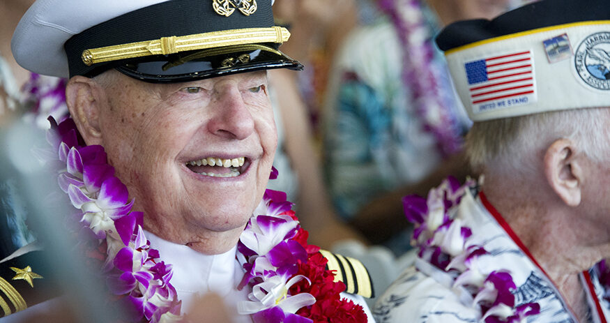 Lou Conter, an Arizona crewman, attends ceremonies for the 75th anniversary of the Japanese attack on Pearl Harbor, Dec. 7, 2016, in Honolulu. Conter, the last living survivor of the USS Arizona battleship that exploded and sank during the Japanese bombing of Pearl Harbor, died on Monday, April 1, 2024, following congestive heart failure, his daughter said. He was 102.