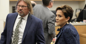 Former Arizona Republican governor candidate Kari Lake, right, stands next to her attorney Bryan Blehm at Maricopa County Superior Court during a voting records trial Thursday, Sept. 21, 2023, in Phoenix. (AP Photo/Ross D. Franklin, Pool)