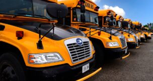 A row of school buses