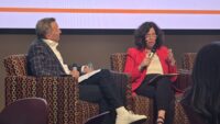Sybil Francis, right, speaks with moderator David Becker Sept. 22 at the Arizona State University Mechanics of Democracy Laboratory's Fall Election Convening at the Walter Cronkite School of Journalism in Phoenix.