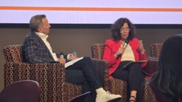 Sybil Francis, right, speaks with moderator David Becker Sept. 22 at the Arizona State University Mechanics of Democracy Laboratory's Fall Election Convening at the Walter Cronkite School of Journalism in Phoenix.