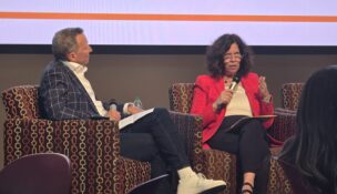Sybil Francis, right, speaks with moderator David Becker Sept. 22 at the Arizona State University Mechanics of Democracy Laboratory's Fall Election Convening at the Walter Cronkite School of Journalism in Phoenix.