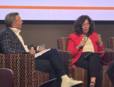 Sybil Francis, right, speaks with moderator David Becker Sept. 22 at the Arizona State University Mechanics of Democracy Laboratory's Fall Election Convening at the Walter Cronkite School of Journalism in Phoenix.