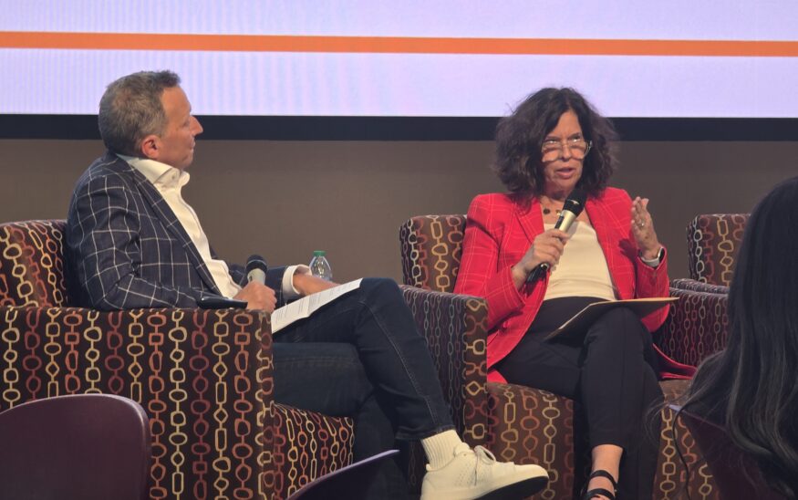 Sybil Francis, right, speaks with moderator David Becker Sept. 22 at the Arizona State University Mechanics of Democracy Laboratory's Fall Election Convening at the Walter Cronkite School of Journalism in Phoenix.